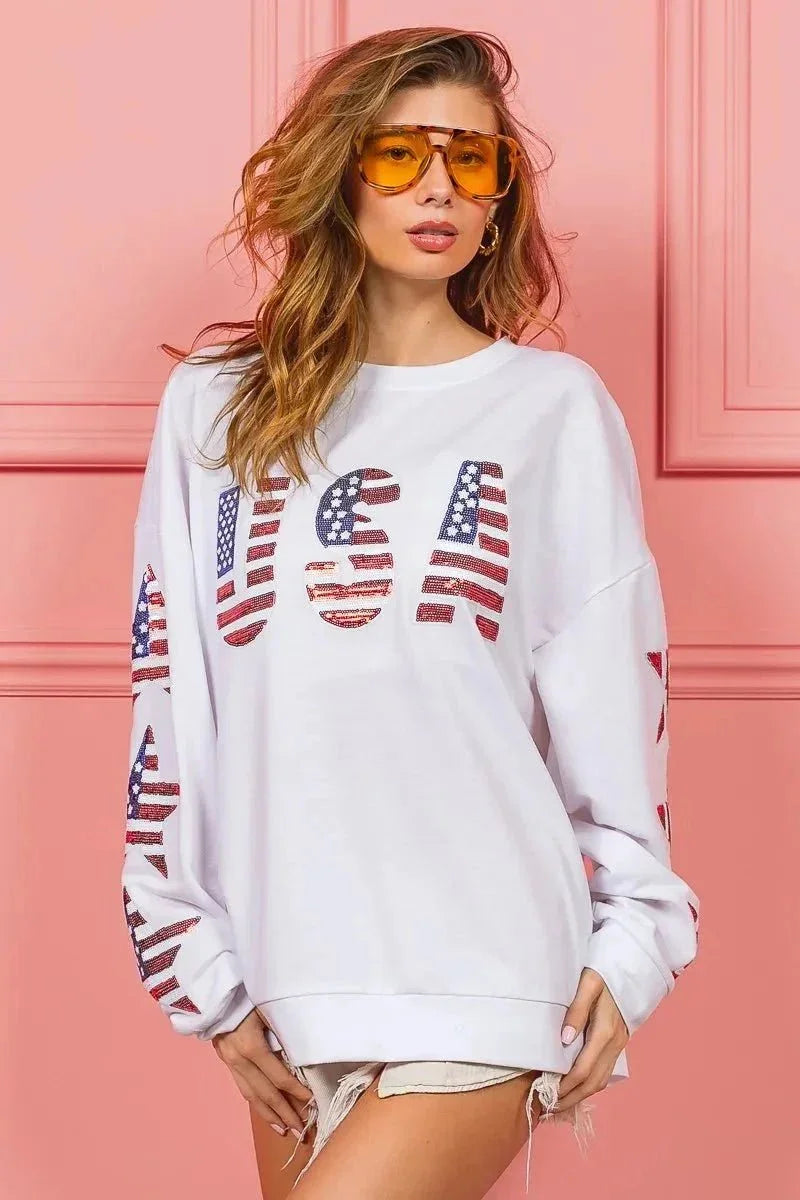 BiBi American Flag USA and Star Sequin Sweatshirt - VILLA FASHION