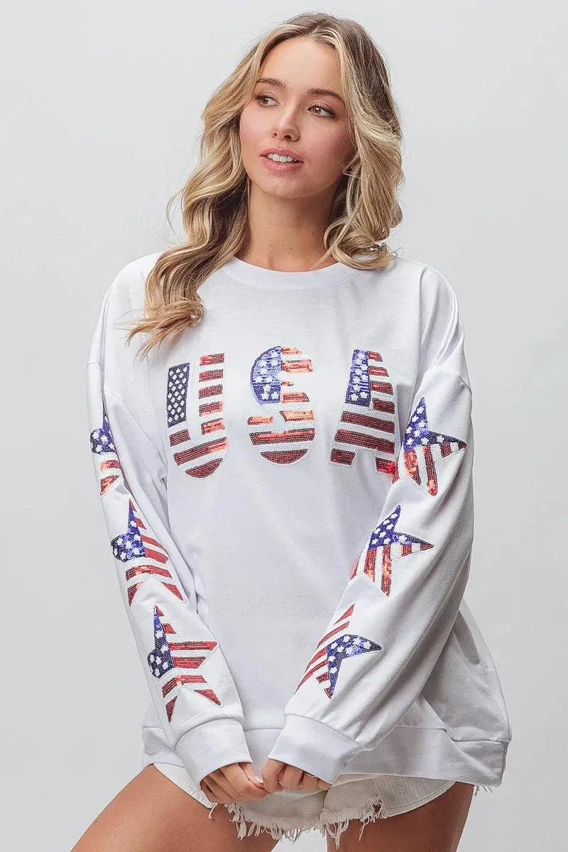 BiBi American Flag USA and Star Sequin Sweatshirt - VILLA FASHION