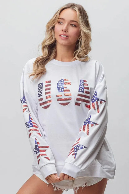BiBi American Flag USA and Star Sequin Sweatshirt - VILLA FASHION