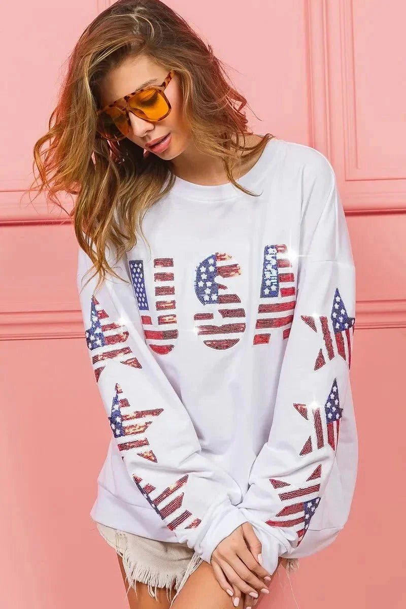 BiBi American Flag USA and Star Sequin Sweatshirt - VILLA FASHION
