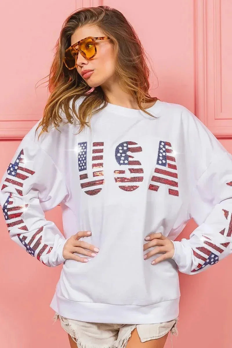 BiBi American Flag USA and Star Sequin Sweatshirt - VILLA FASHION