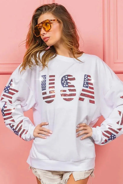 BiBi American Flag USA and Star Sequin Sweatshirt - VILLA FASHION