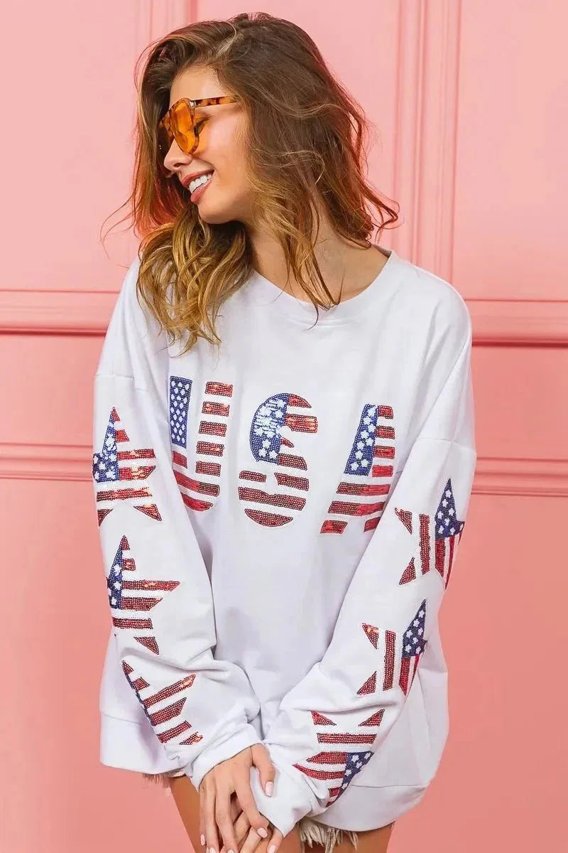 BiBi American Flag USA and Star Sequin Sweatshirt - VILLA FASHION