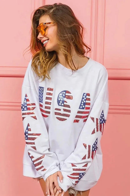 BiBi American Flag USA and Star Sequin Sweatshirt - VILLA FASHION