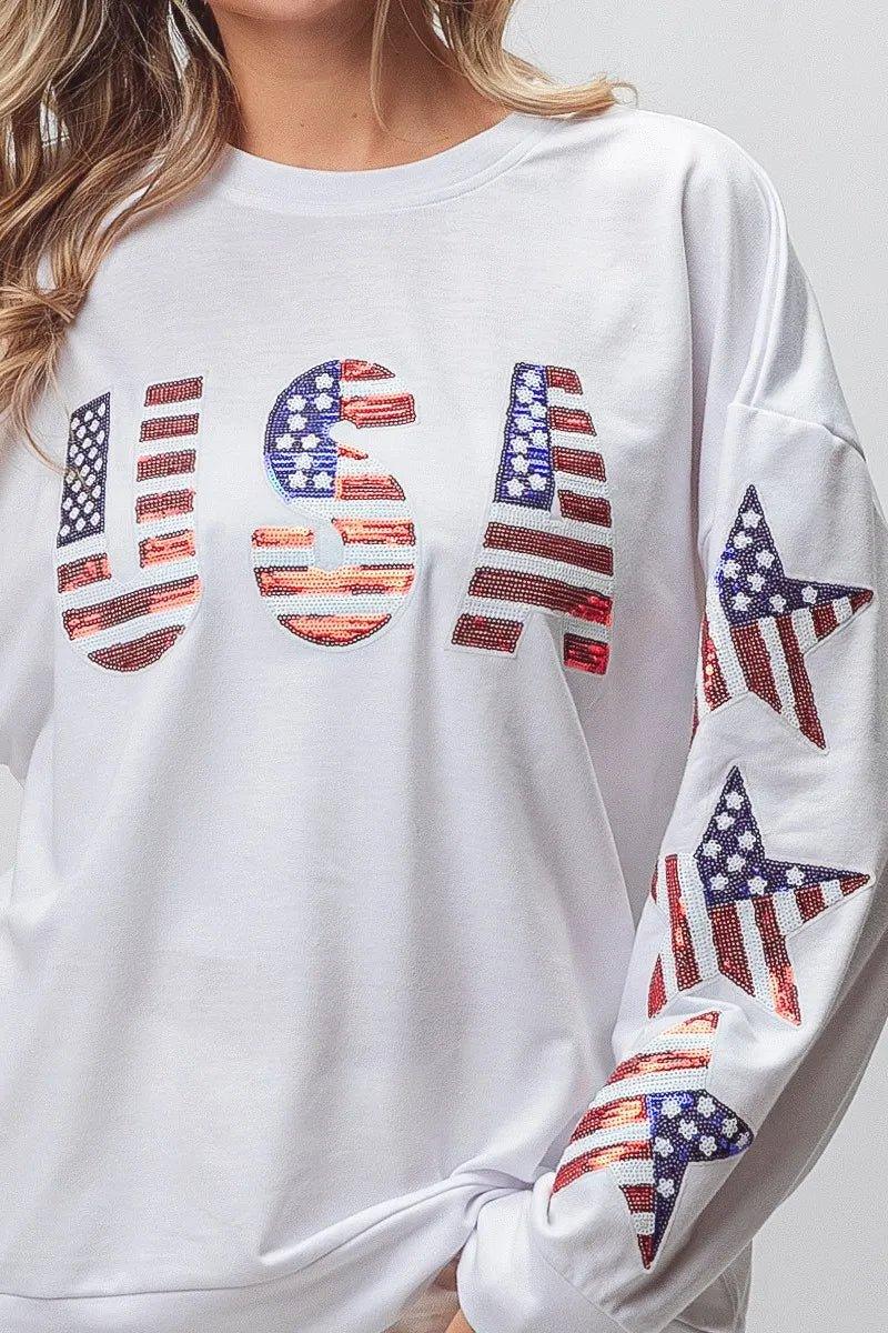 BiBi American Flag USA and Star Sequin Sweatshirt - VILLA FASHION