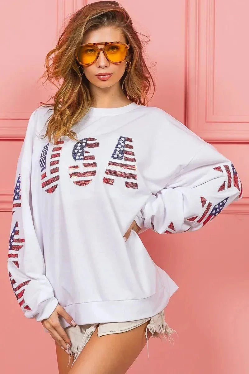 BiBi American Flag USA and Star Sequin Sweatshirt - VILLA FASHION