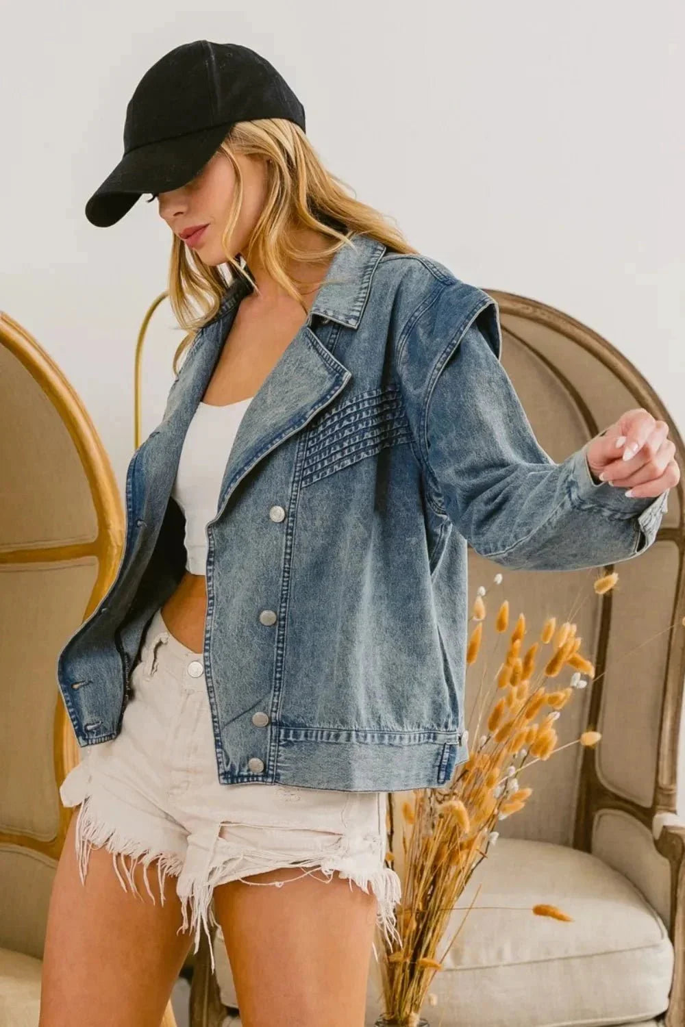 BiBi Button Up Long Sleeve Denim Jacket - VILLA FASHION