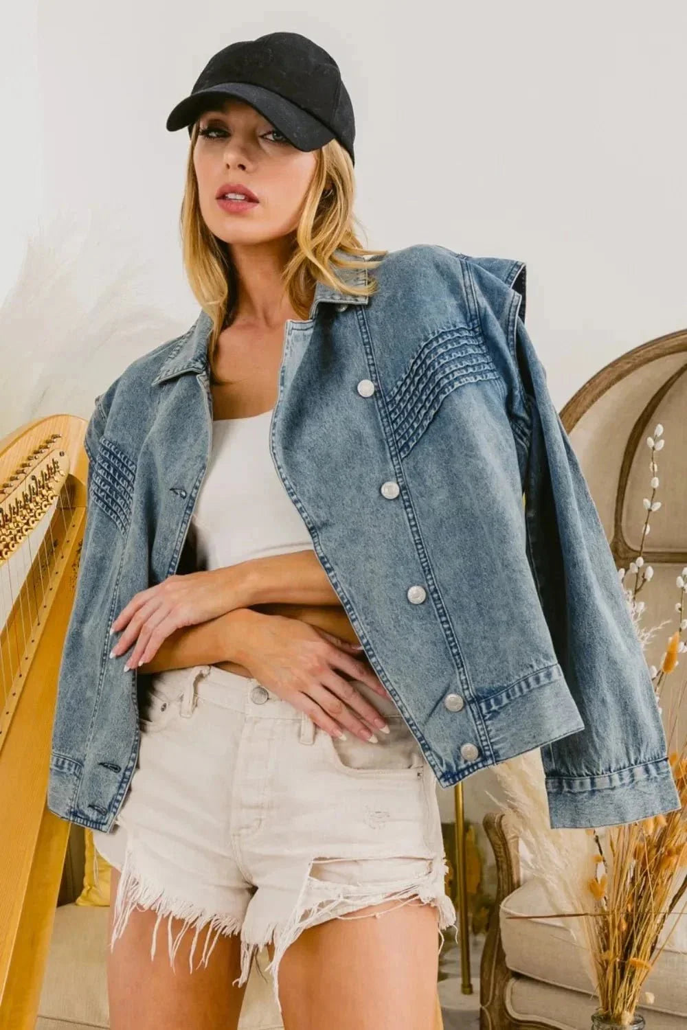 BiBi Button Up Long Sleeve Denim Jacket - VILLA FASHION