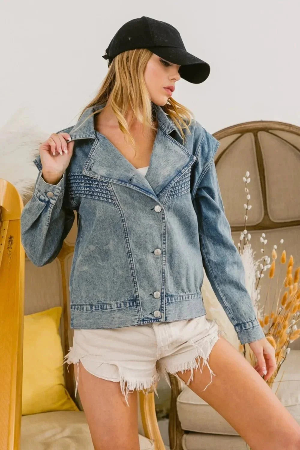 BiBi Button Up Long Sleeve Denim Jacket - VILLA FASHION