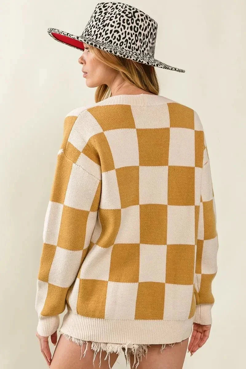 BiBi Checked V - neck Cardigan - VILLA FASHION