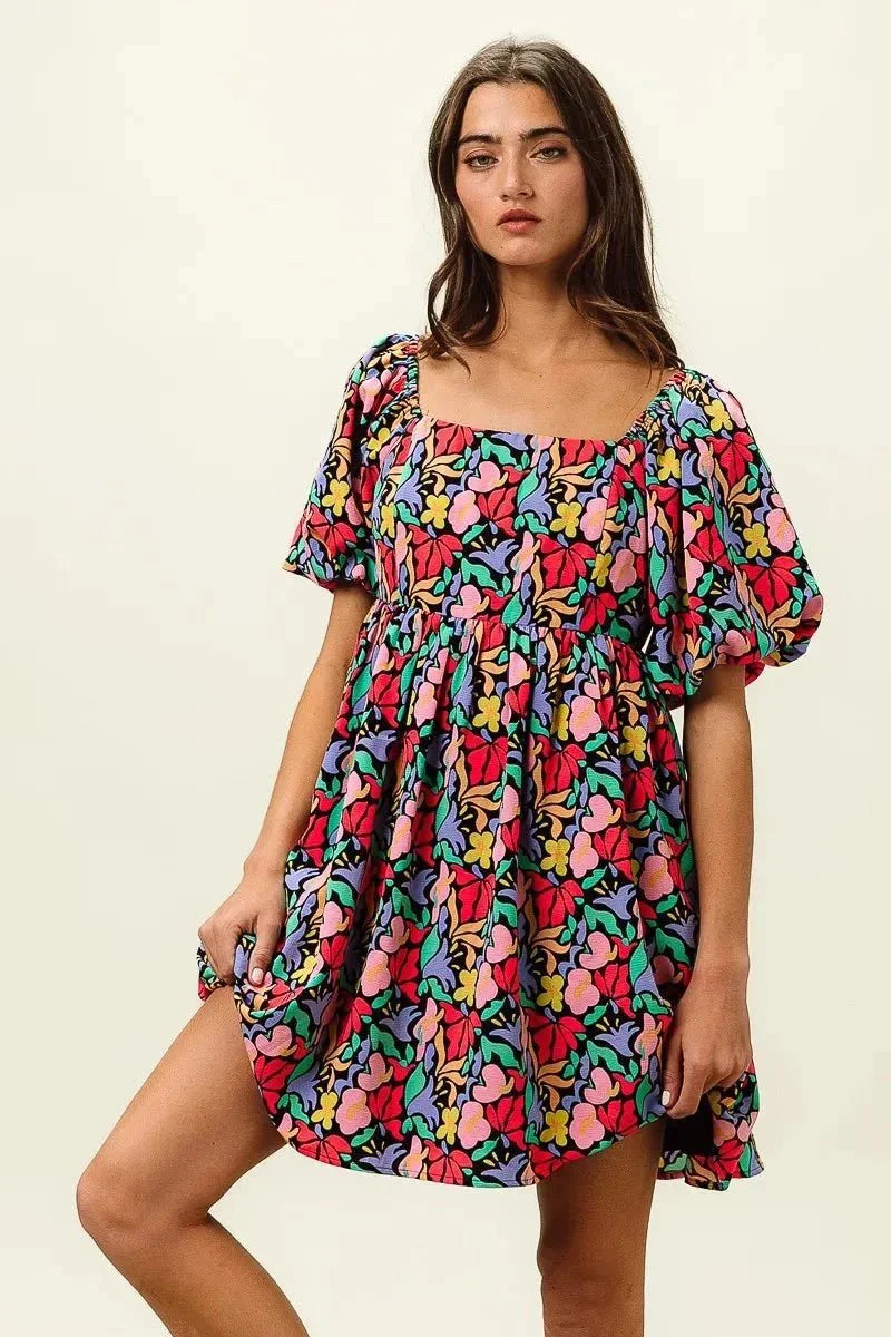 BiBi Floral Print Puff Square Neck Dress - VILLA FASHION