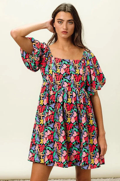 BiBi Floral Print Puff Square Neck Dress - VILLA FASHION