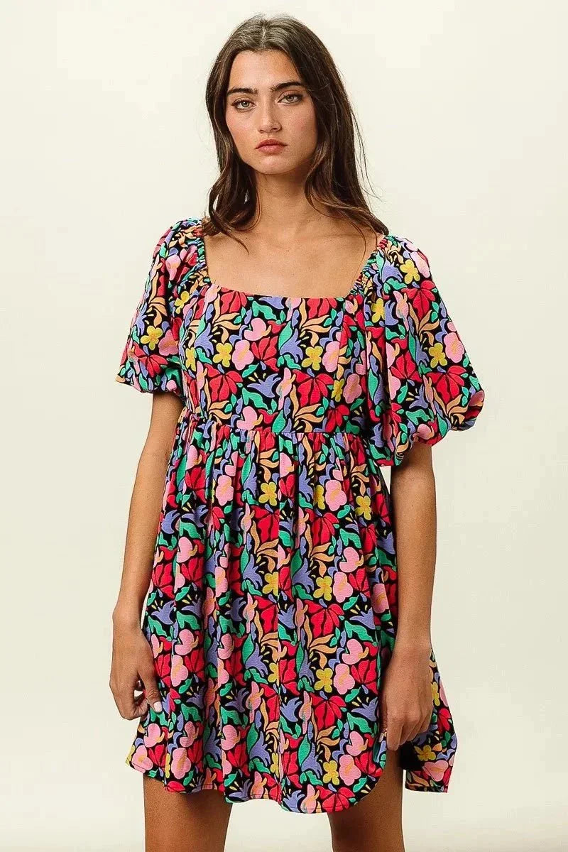 BiBi Floral Print Puff Square Neck Dress - VILLA FASHION