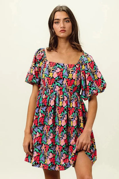 BiBi Floral Print Puff Square Neck Dress - VILLA FASHION