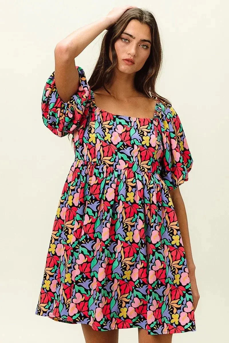BiBi Floral Print Puff Square Neck Dress - VILLA FASHION