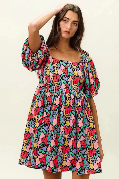 BiBi Floral Print Puff Square Neck Dress - VILLA FASHION