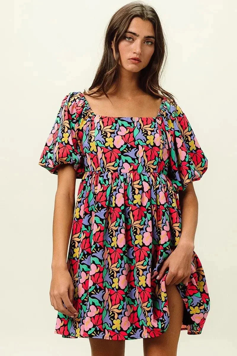 BiBi Floral Print Puff Square Neck Dress - VILLA FASHION