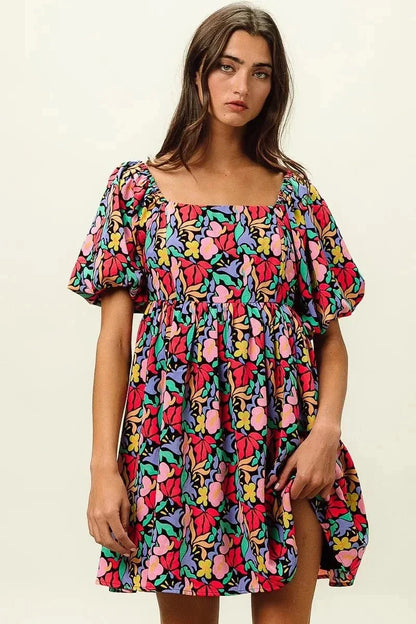 BiBi Floral Print Puff Square Neck Dress - VILLA FASHION