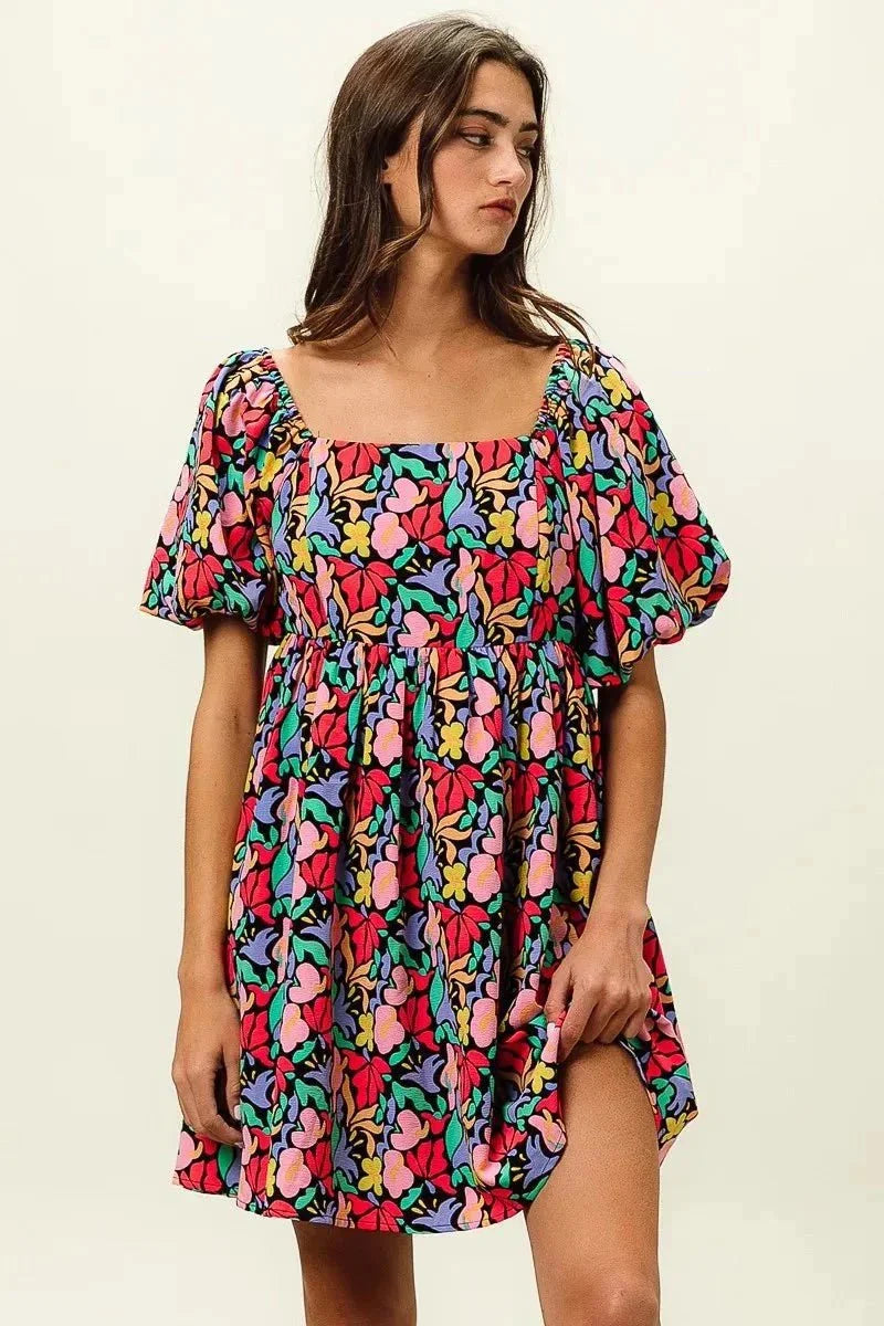 BiBi Floral Print Puff Square Neck Dress - VILLA FASHION