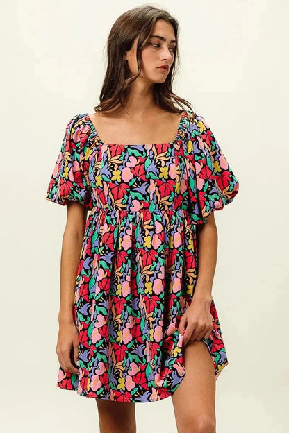 BiBi Floral Print Puff Square Neck Dress - VILLA FASHION