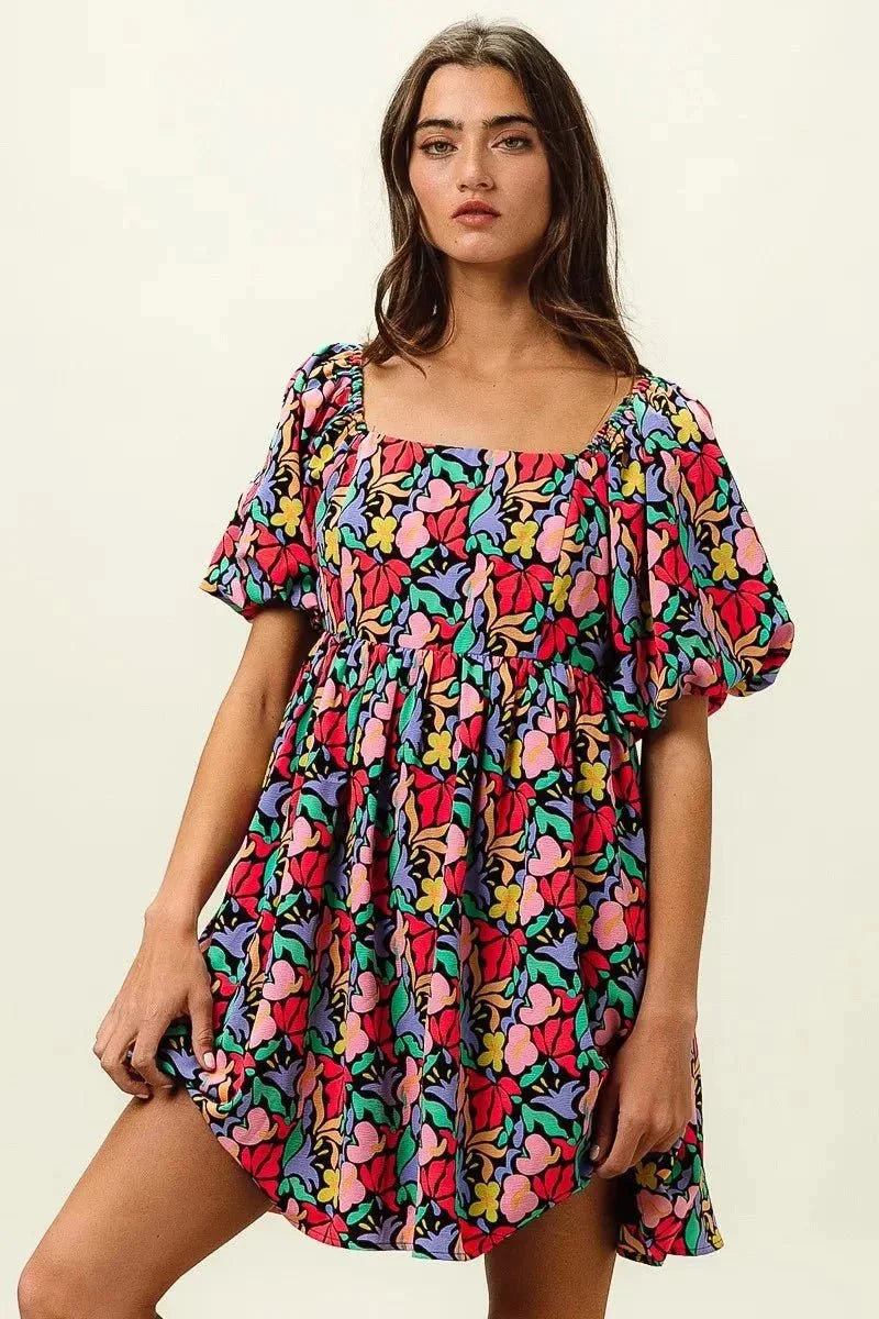 BiBi Floral Print Puff Square Neck Dress - VILLA FASHION