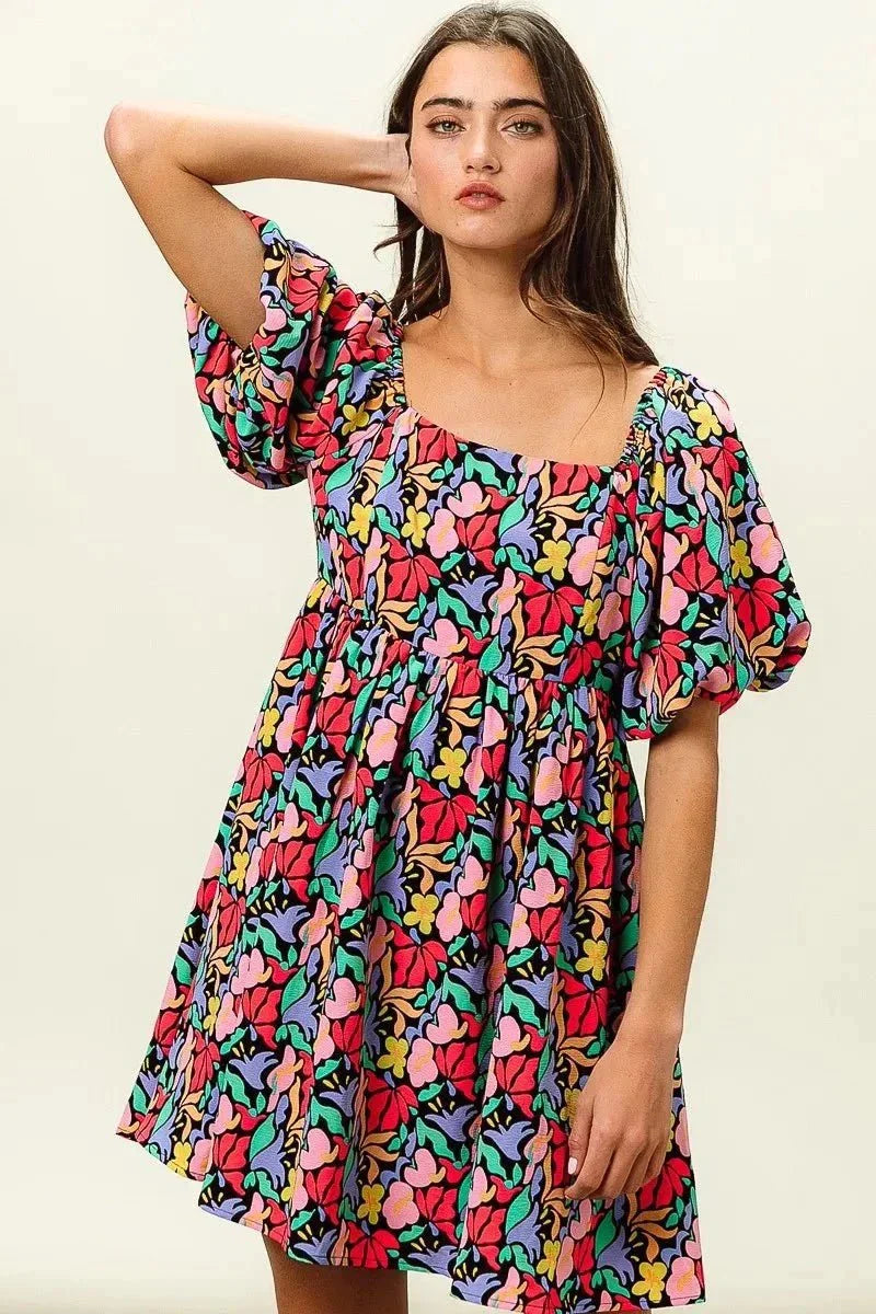 BiBi Floral Print Puff Square Neck Dress - VILLA FASHION