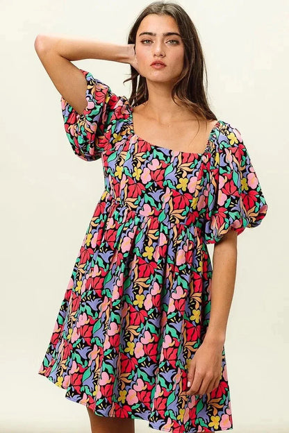 BiBi Floral Print Puff Square Neck Dress - VILLA FASHION