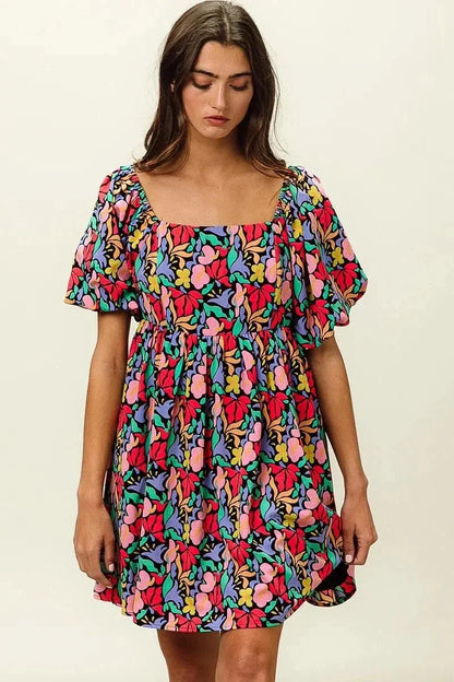 BiBi Floral Print Puff Square Neck Dress - VILLA FASHION