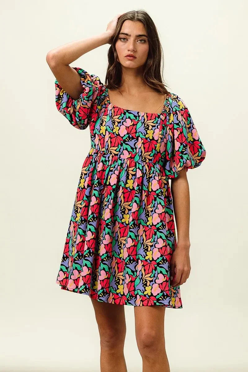 BiBi Floral Print Puff Square Neck Dress - VILLA FASHION