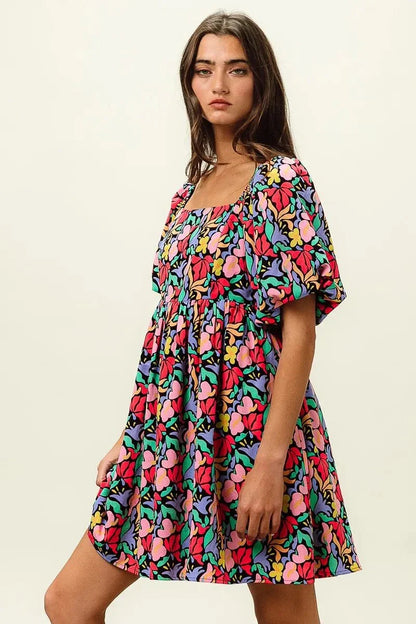 BiBi Floral Print Puff Square Neck Dress - VILLA FASHION