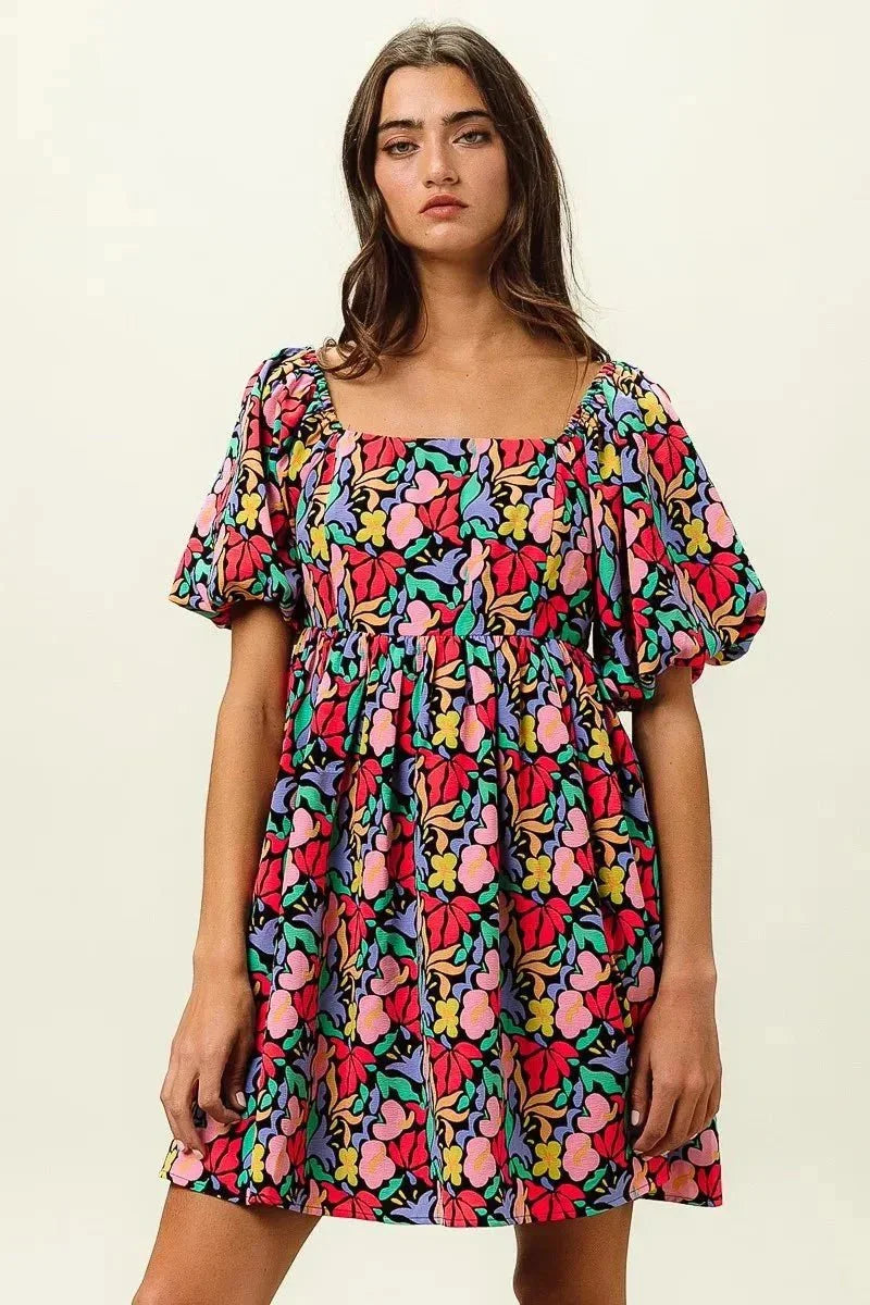 BiBi Floral Print Puff Square Neck Dress - VILLA FASHION