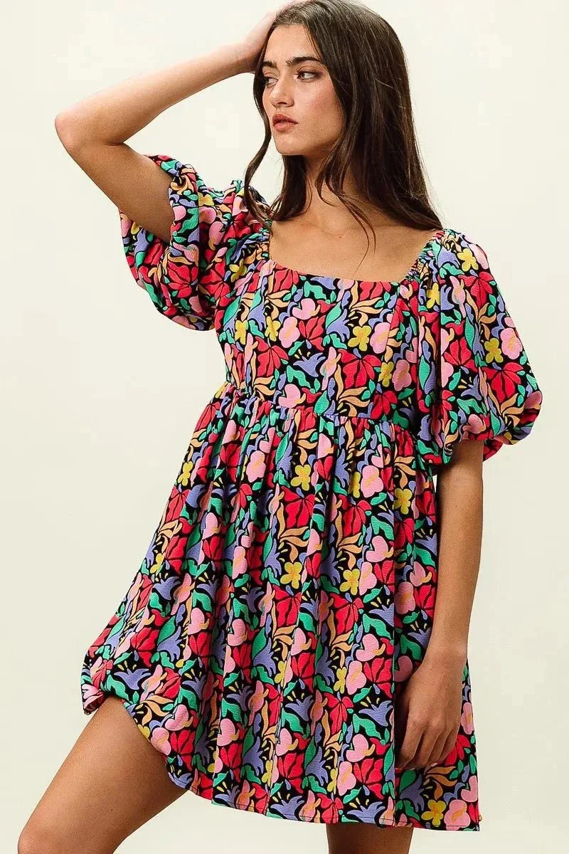 BiBi Floral Print Puff Square Neck Dress - VILLA FASHION