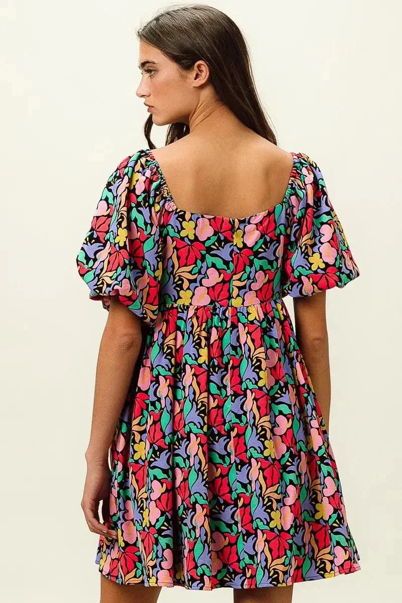 BiBi Floral Print Puff Square Neck Dress - VILLA FASHION