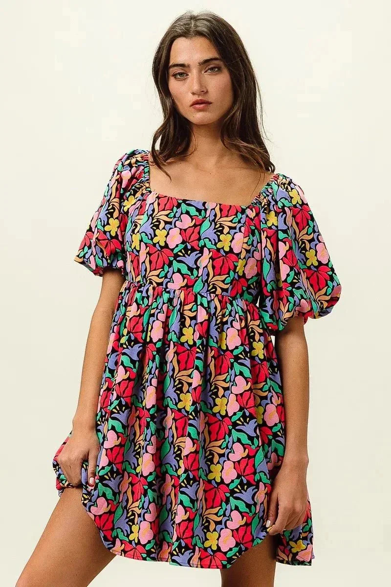 BiBi Floral Print Puff Square Neck Dress - VILLA FASHION