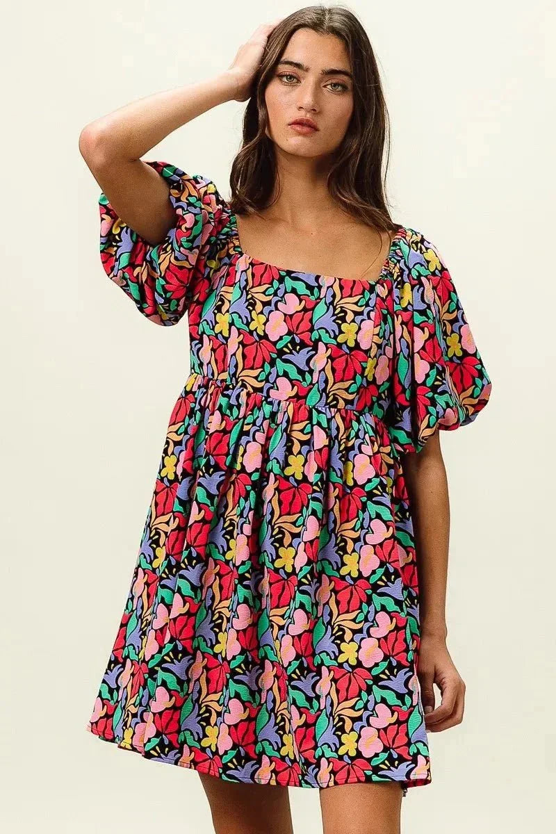 BiBi Floral Print Puff Square Neck Dress - VILLA FASHION
