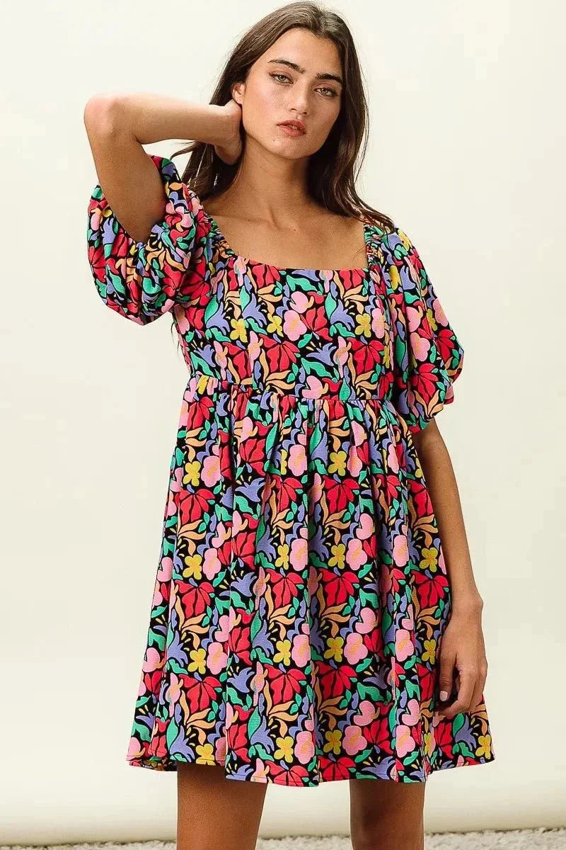 BiBi Floral Print Puff Square Neck Dress - VILLA FASHION