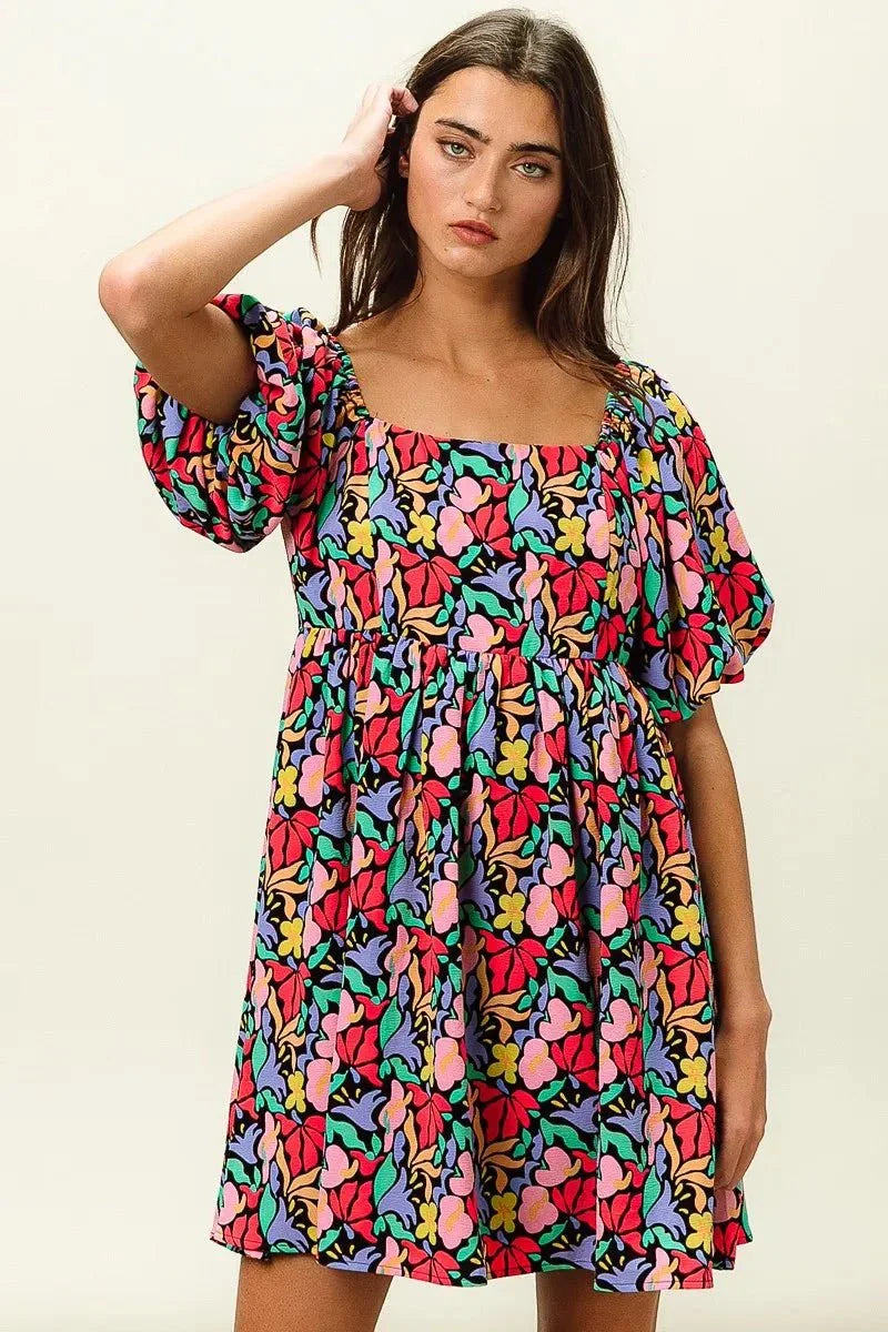 BiBi Floral Print Puff Square Neck Dress - VILLA FASHION
