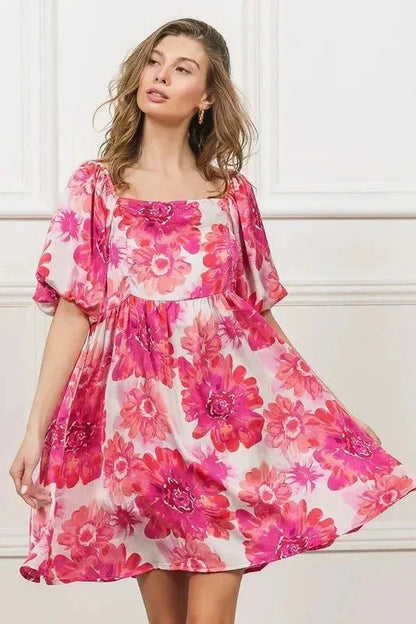 BiBi Floral Square Neck Puff Sleeve Mini Dress - VILLA FASHION