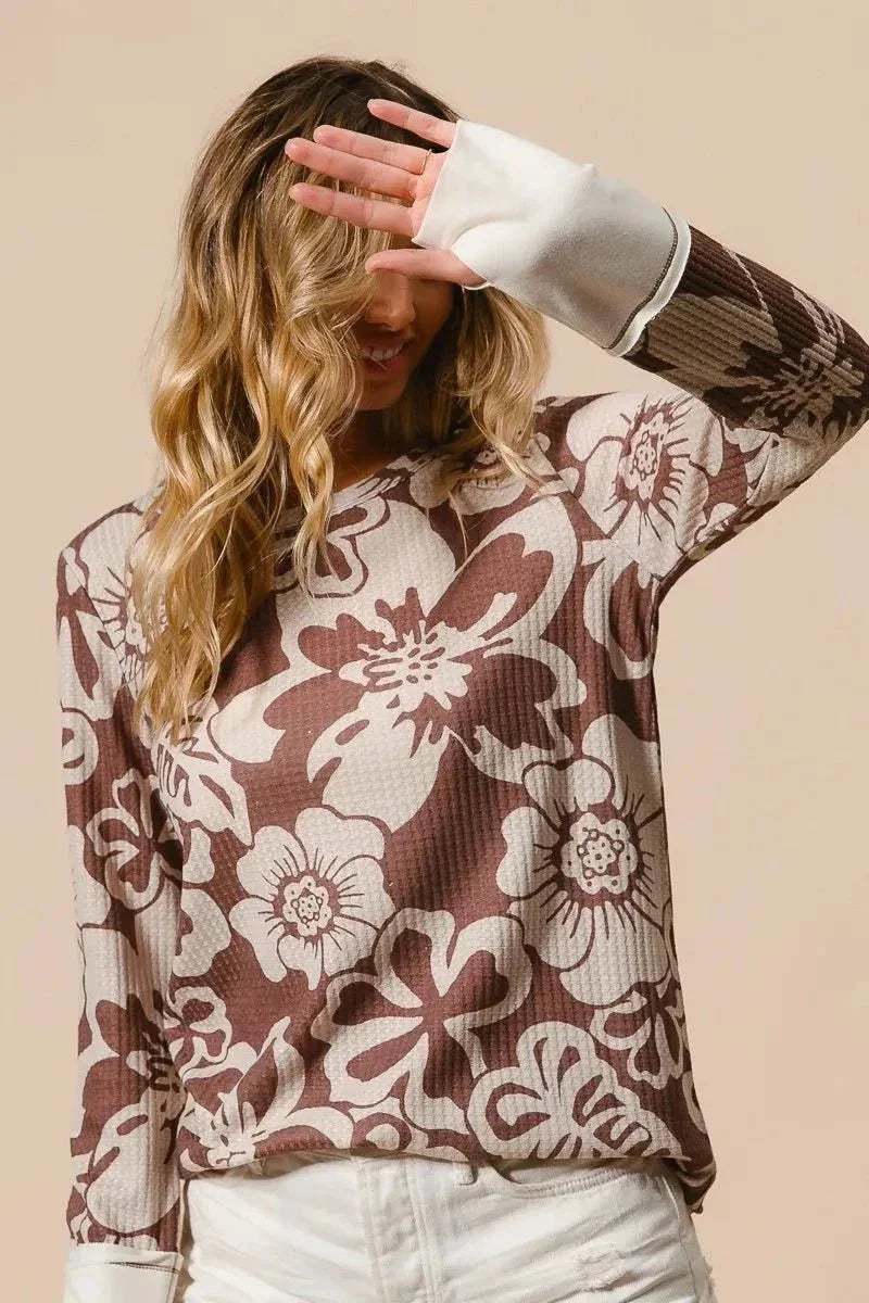BiBi Flower Printed Waffle Thumb Opening Top - VILLA FASHION