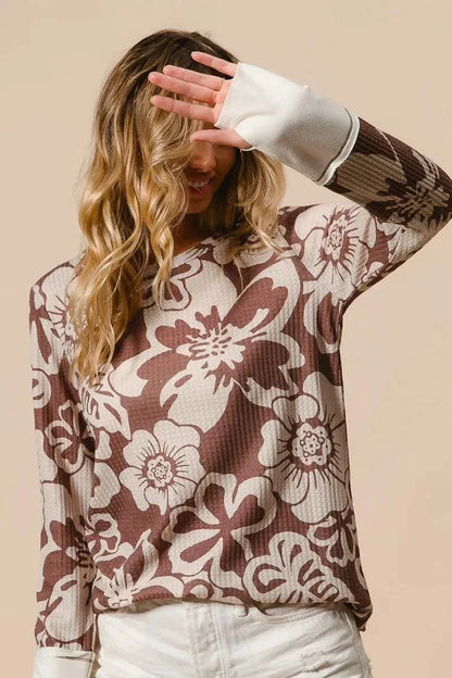 BiBi Flower Printed Waffle Thumb Opening Top - VILLA FASHION