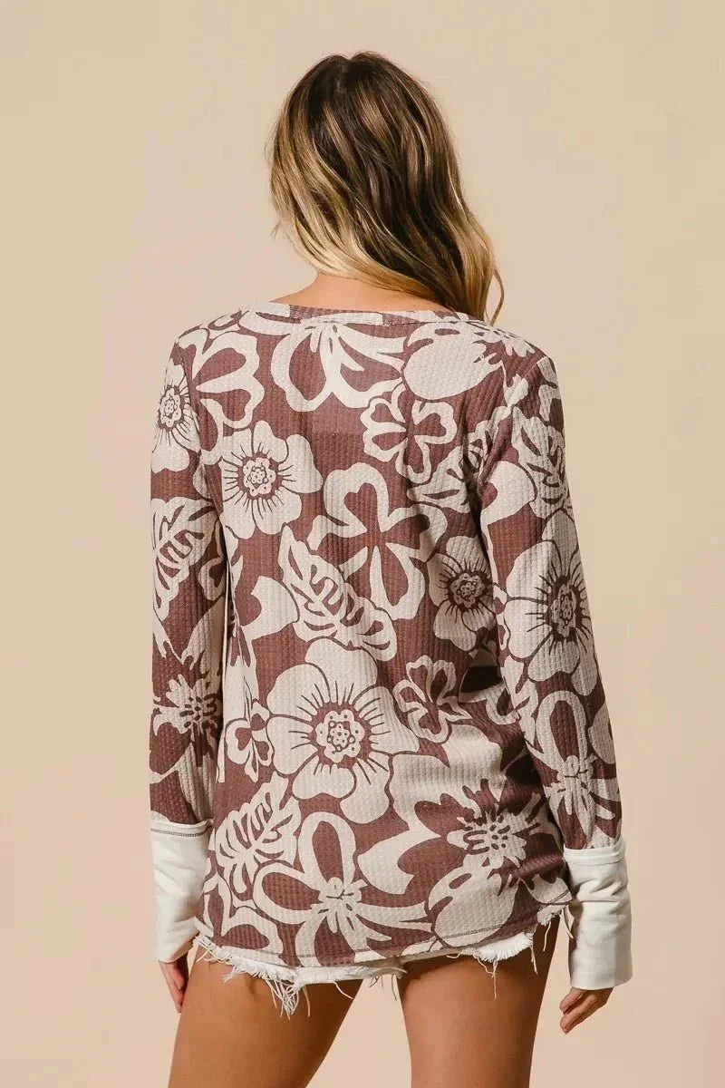 BiBi Flower Printed Waffle Thumb Opening Top - VILLA FASHION