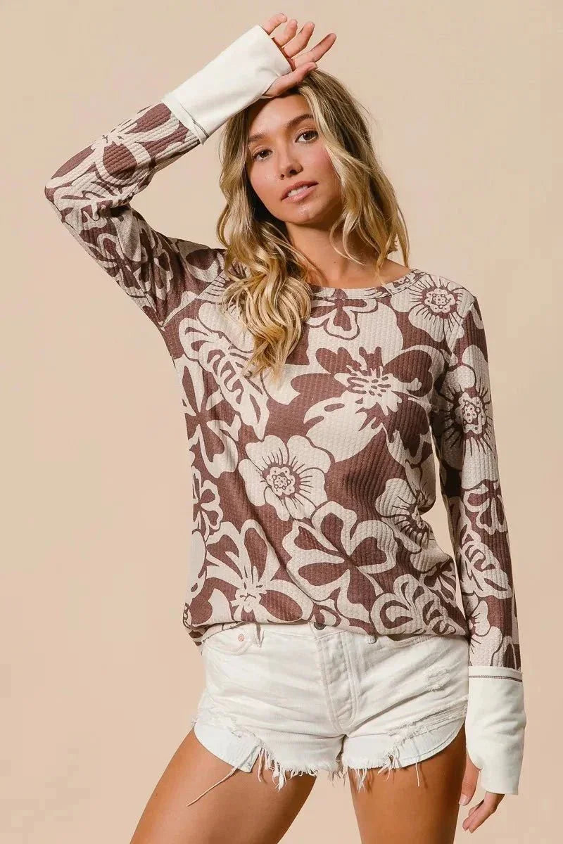 BiBi Flower Printed Waffle Thumb Opening Top - VILLA FASHION