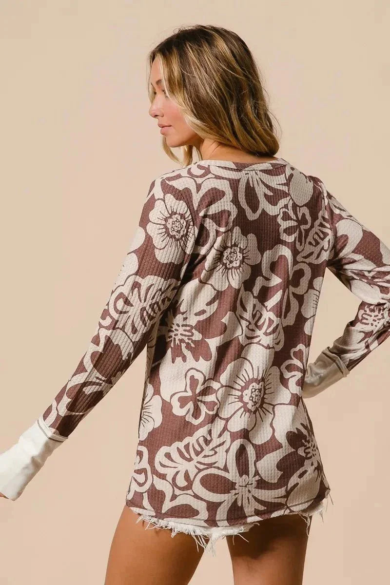 BiBi Flower Printed Waffle Thumb Opening Top - VILLA FASHION