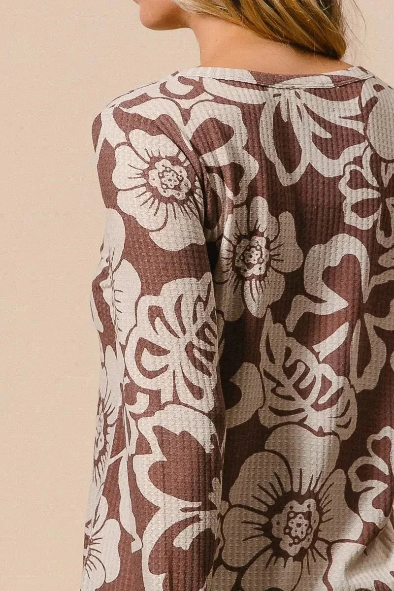 BiBi Flower Printed Waffle Thumb Opening Top - VILLA FASHION