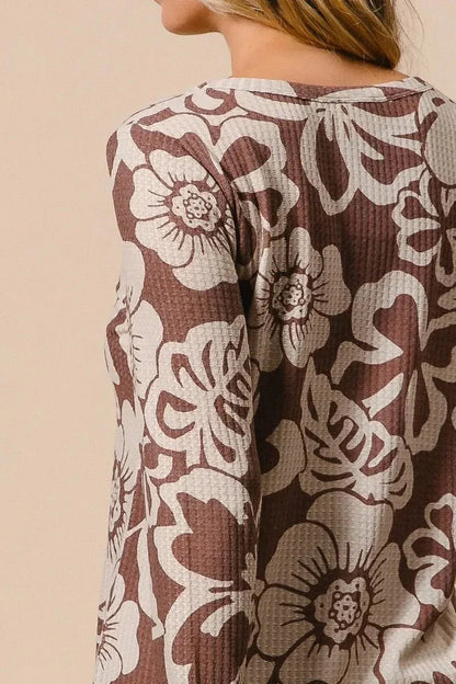 BiBi Flower Printed Waffle Thumb Opening Top - VILLA FASHION