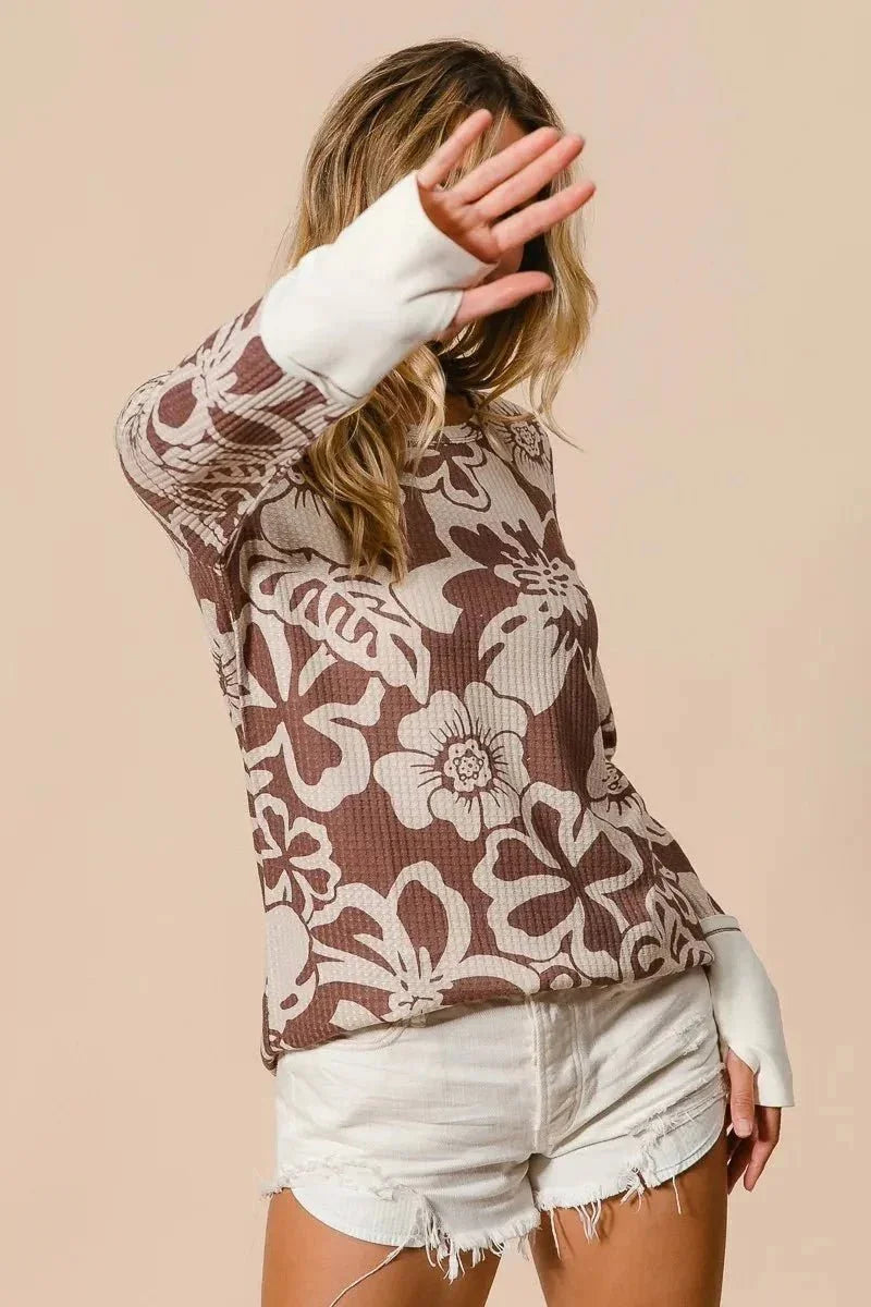 BiBi Flower Printed Waffle Thumb Opening Top - VILLA FASHION