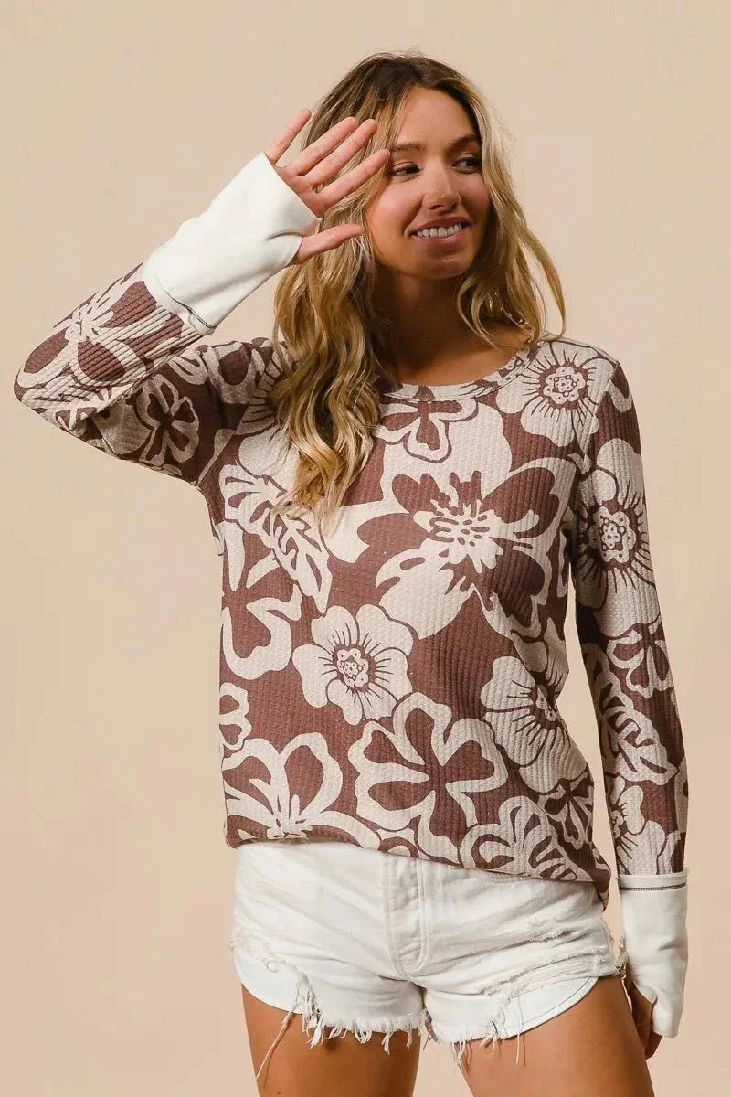 BiBi Flower Printed Waffle Thumb Opening Top - VILLA FASHION