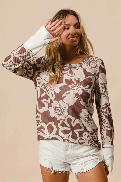 BiBi Flower Printed Waffle Thumb Opening Top - VILLA FASHION