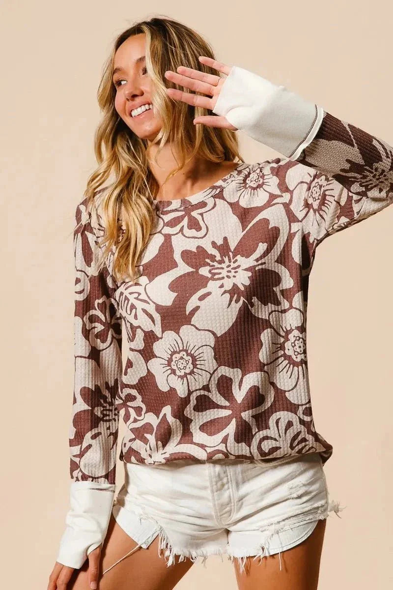 BiBi Flower Printed Waffle Thumb Opening Top - VILLA FASHION