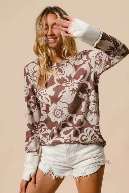 BiBi Flower Printed Waffle Thumb Opening Top - VILLA FASHION